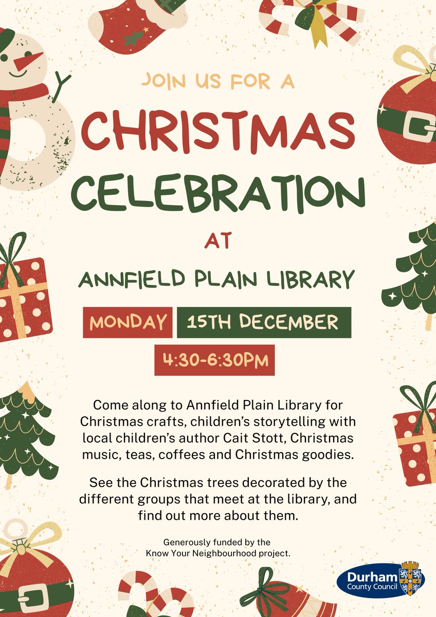 DurhamLibraries's tweet image. Ready to celebrate Christmas with the library?
Why not come along to Annfield Plain Library for their special celebration, kindly funded by the Know Your Neighbourhood project.
This is a free event and no booking is required!
#Christmas #KnowYourNeighbourhood