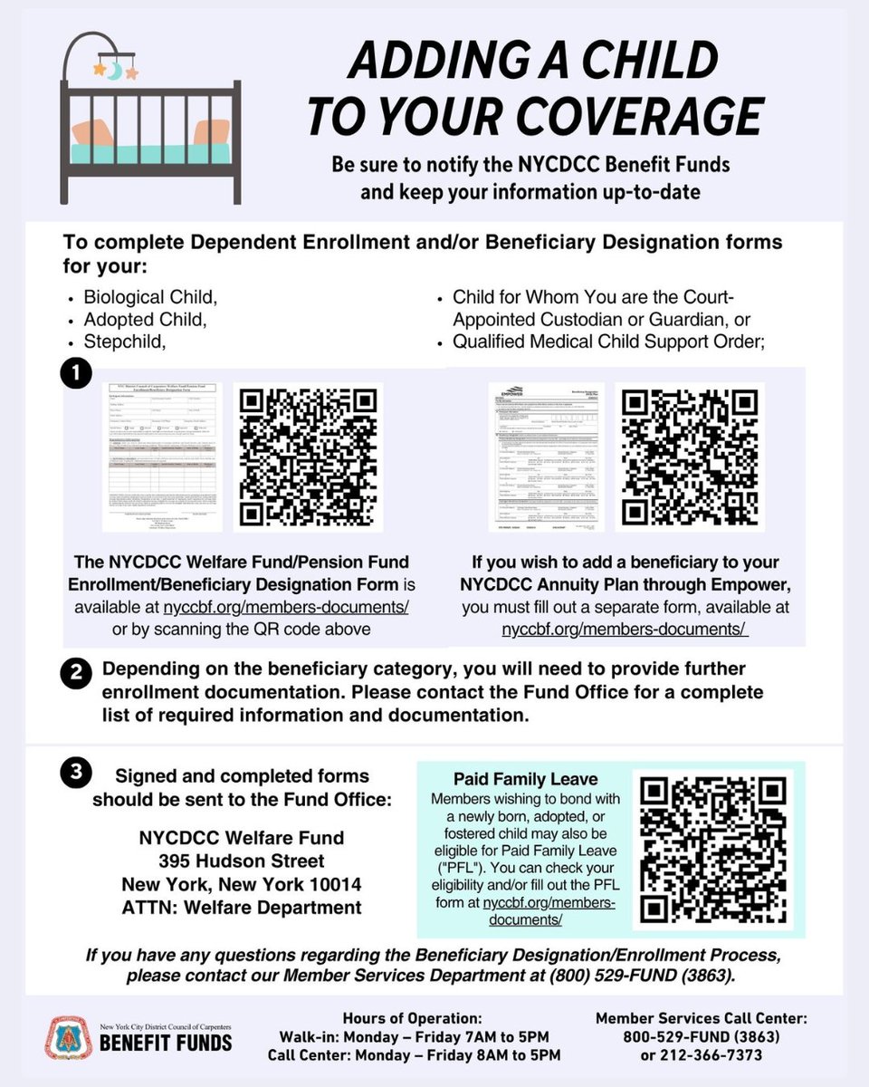 Welcoming a child into your family is always a special moment. It’s also a time to reach out to the Fund Office, so you can properly add your bundle of joy to your NYCDCC coverage!

You can find this flyer and all of our Life Events flyers on our website: nyccbf.org/life-events/