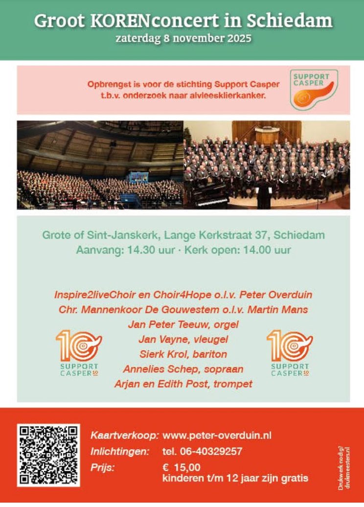 Welkom zaterdag 8 november in Schiedam. Concert voor onderzoek #alvleesklierkanker
<a href="/cwm_de/">CWM De Gouwestem</a> <a href="/martinmansnl/">Martin Mans</a>