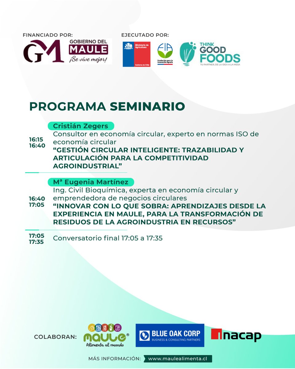 📅 Este 12 nov. <a href="/maulealimenta/">PER Maule Alimenta</a>  <a href="/FIA_Chile/">FIA</a> ThinkGoodFoods y Blue Oak  te invitan al Seminario Maule Agro+Circular: Negocios Alimentarios Sostenibles.
🕑 14:00 hrs | 📍 Inacap Curicó 
🎟️ Actividad gratuita — inscríbete aquí 👉 tinyurl.com/2s382zcb
Programa en la🖼️