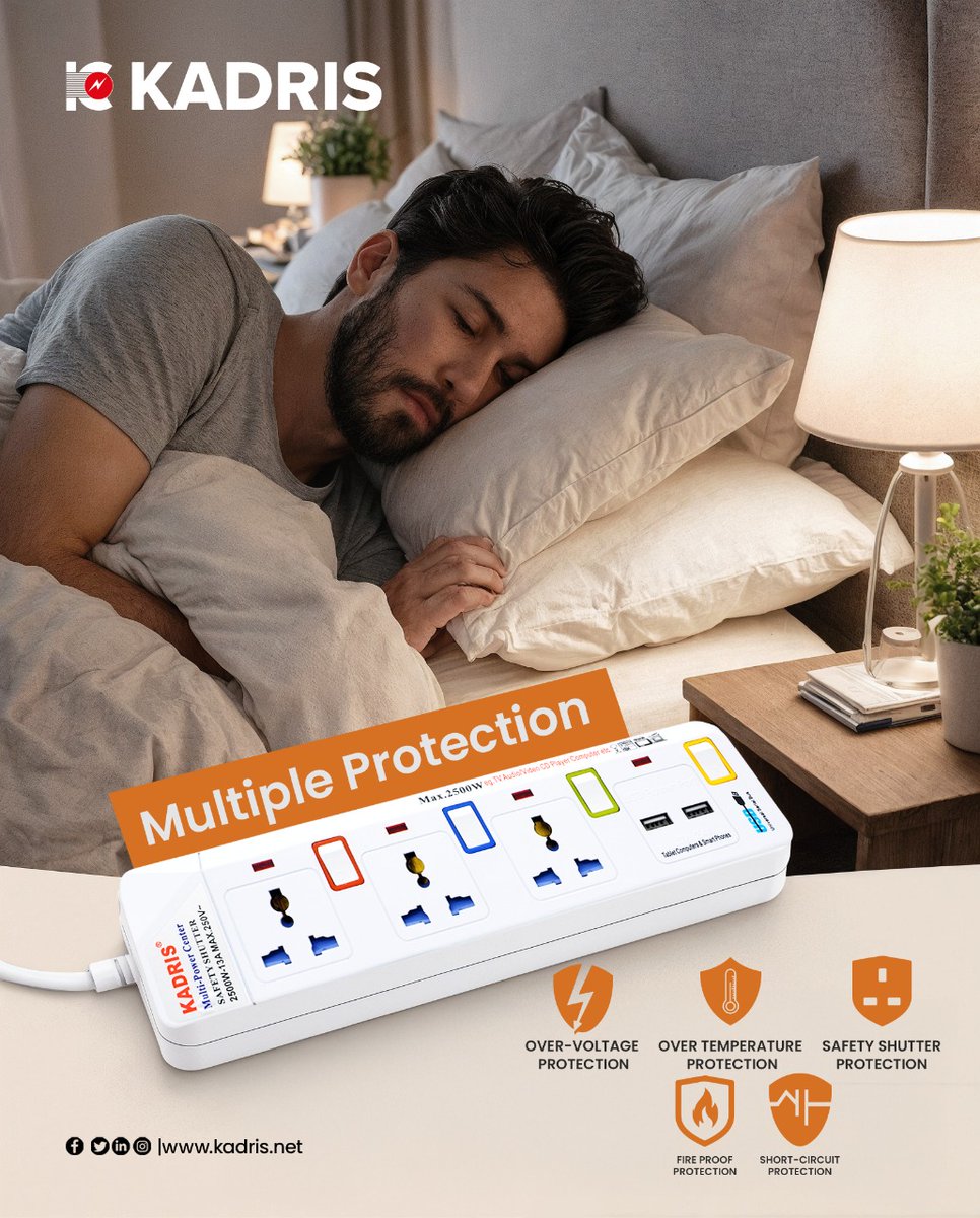 Kadrisae's tweet image. KADRIS Cord Extension Socket with Multiple Protection – Power You Can Trust! ⚡
Stay safe from surges, overloads, and short circuits while powering multiple devices with ease. Smart design, total protection!

#KADRIS #ExtensionSocket #MultipleProtection #SafePower #Smart