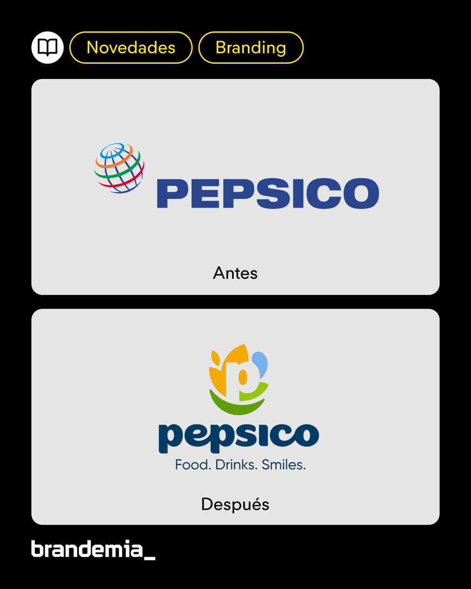 brandemia_'s tweet photo. PepsiCo estrena logo por primera vez en 25 años.

La madre de Pepsi, Lay’s, Gatorade, Quaker, Doritos, 7UP o Tropicana se renueva para juntar en una misma sonrisa lo que produce: comida, bebida… y marca.

¿Te convence? https://t.co/T1tRIZkg3I