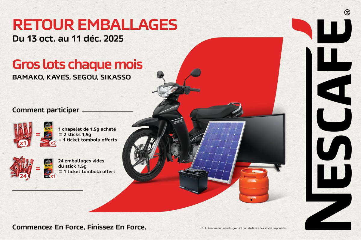MardiSarlu's tweet photo. La tombola Nescafé Phoenix est lancée dans 4 grandes villes du Mali : Bamako, Kayes, Ségou et Sikasso !   Achetez 1 chapelet Nescafé 1.5g =  2 sticks + 1 ticket tombola 
24 sticks vides = 1 ticket tombola 
Déposez vos emballages dans les stands Nescafé de votre ville. https://t.co/fWCnr2wNIe