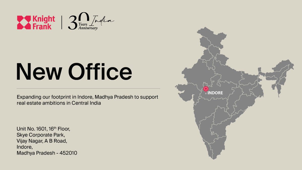 KnightFrank_IN's tweet image. We are delighted to announce the launch of our new office in Indore, Madhya Pradesh — strengthening our presence in Central India. 
We look forward to building long-term value and enabling informed real estate decisions from our Indore address.
#KnightFrank #NewOffice #RealEstate