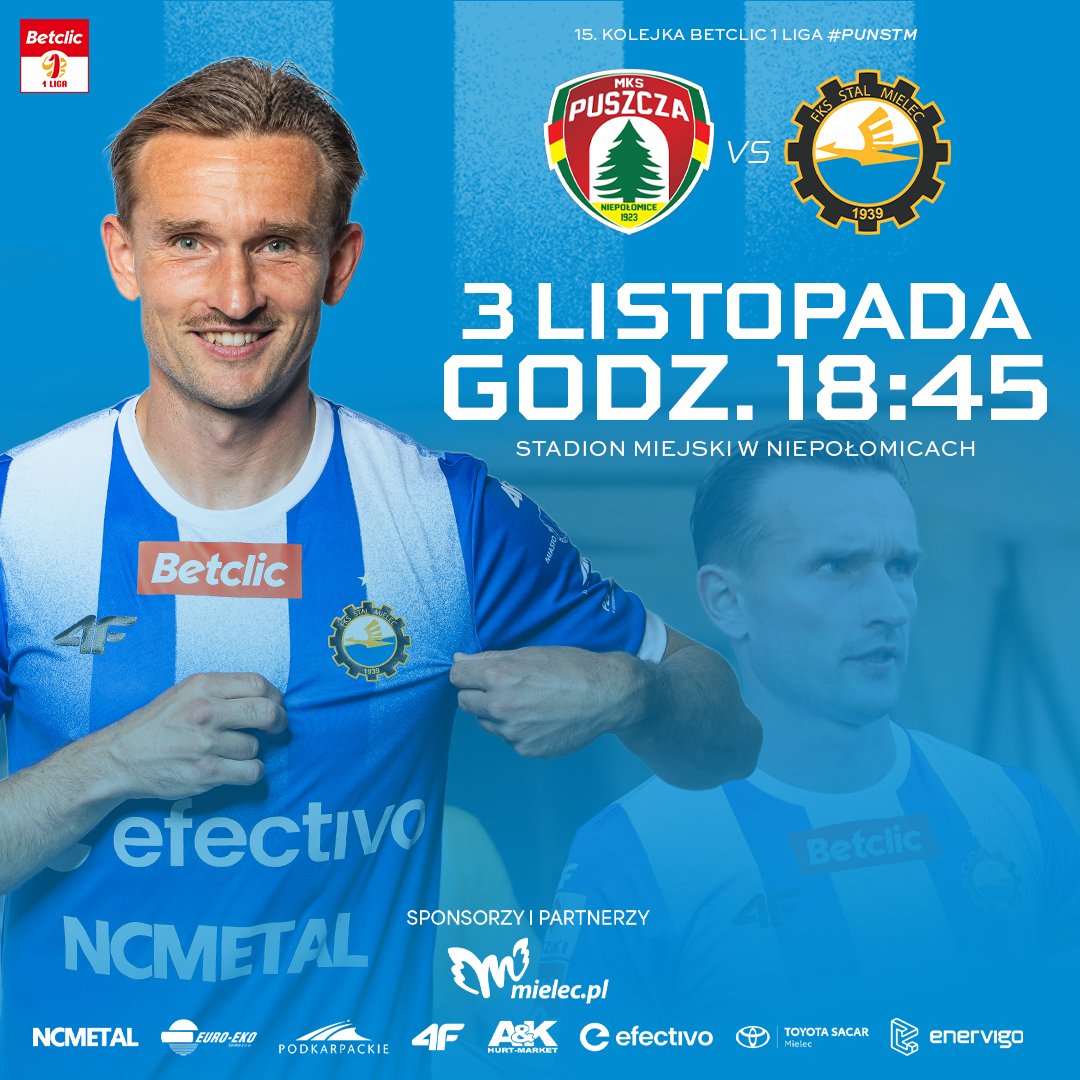 ⚪️CZAS NA MECZ🔵
⚽️ <a href="/_1liga_/">Betclic 1 Liga</a> 
🆚 <a href="/MKSPuszcza/">MKS Puszcza Niepołomice</a> 
📅 3.11.2025
🕑 18:45
🏟️ Stadion Miejski w Niepołomicach
📺 sport.tvp.pl 
 #⃣ #PUNSTM