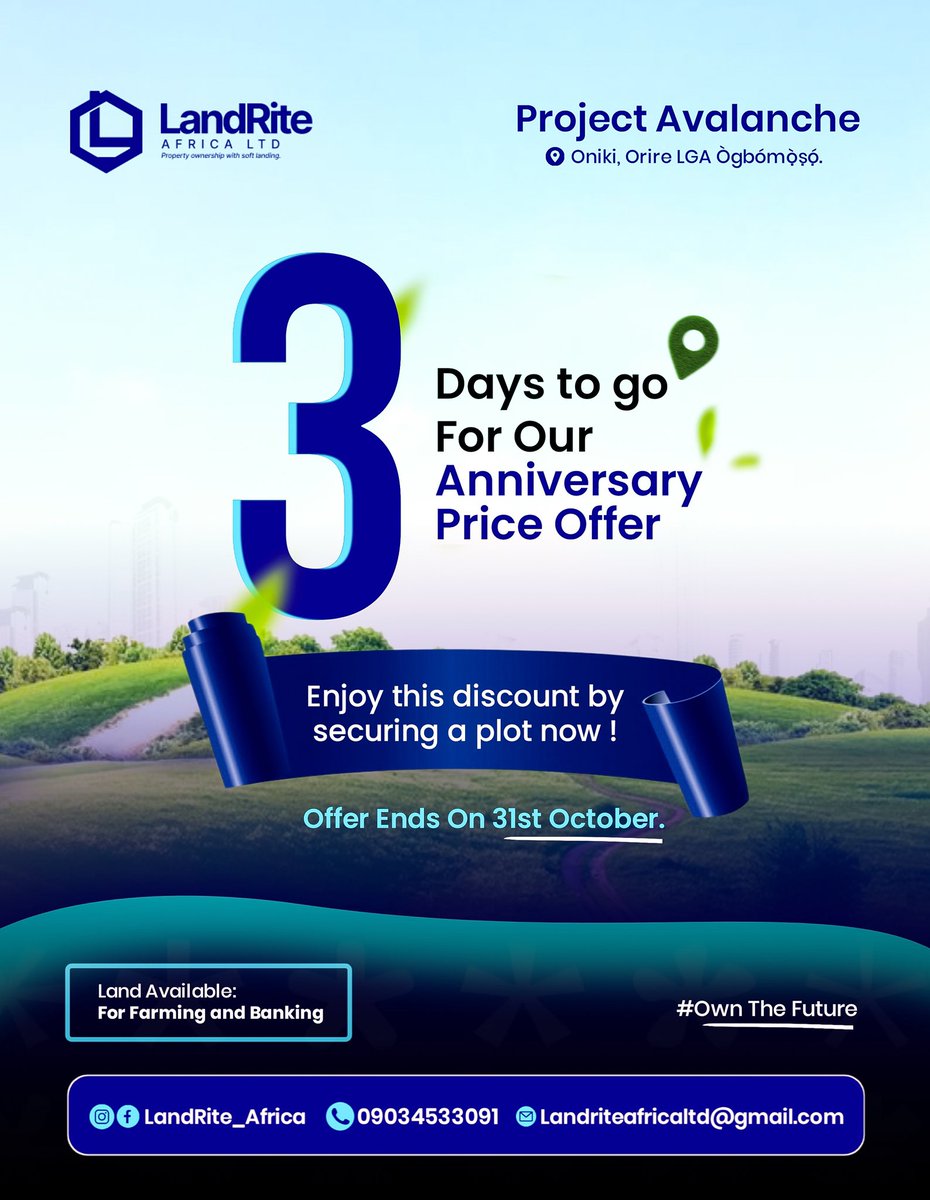 LandRite_Africa's tweet photo. 3 DAYS TO GO! ⏰
Don’t miss your chance to own land in Project Avalanche at a discounted rate.
Secure your plot now before prices go up! 💥
#ProjectAvalanche #LandriteAfrica #Countdown https://t.co/sAlKK4vTIp