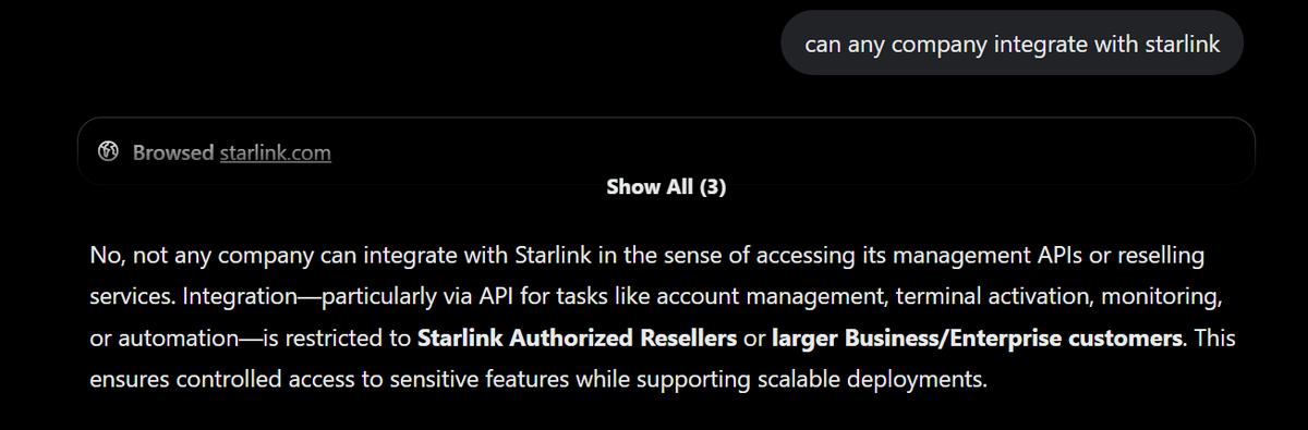 moonmarket's tweet photo. $CMBM I dont see us getting much better news than starlink 

Question: can any company integrate with starlink? 

"No, not any company can integrate with Starlink in the sense of accessing its management APIs or reselling services. Integration—particularly via API for tasks like account management, terminal activation, monitoring, or automation—is restricted to Starlink Authorized Resellers or larger Business/Enterprise customers. This ensures controlled access to sensitive features while supporting scalable deployments."