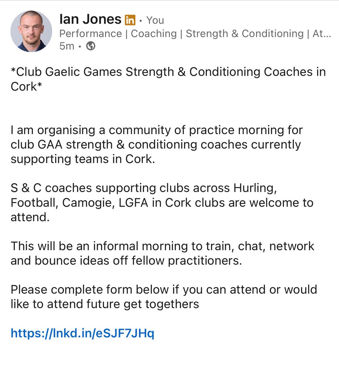 Cork Club Gaelic Games Strength &amp; Conditioning Coaches Community of Practice

⬇️ 

linkedin.com/posts/ijonespe…