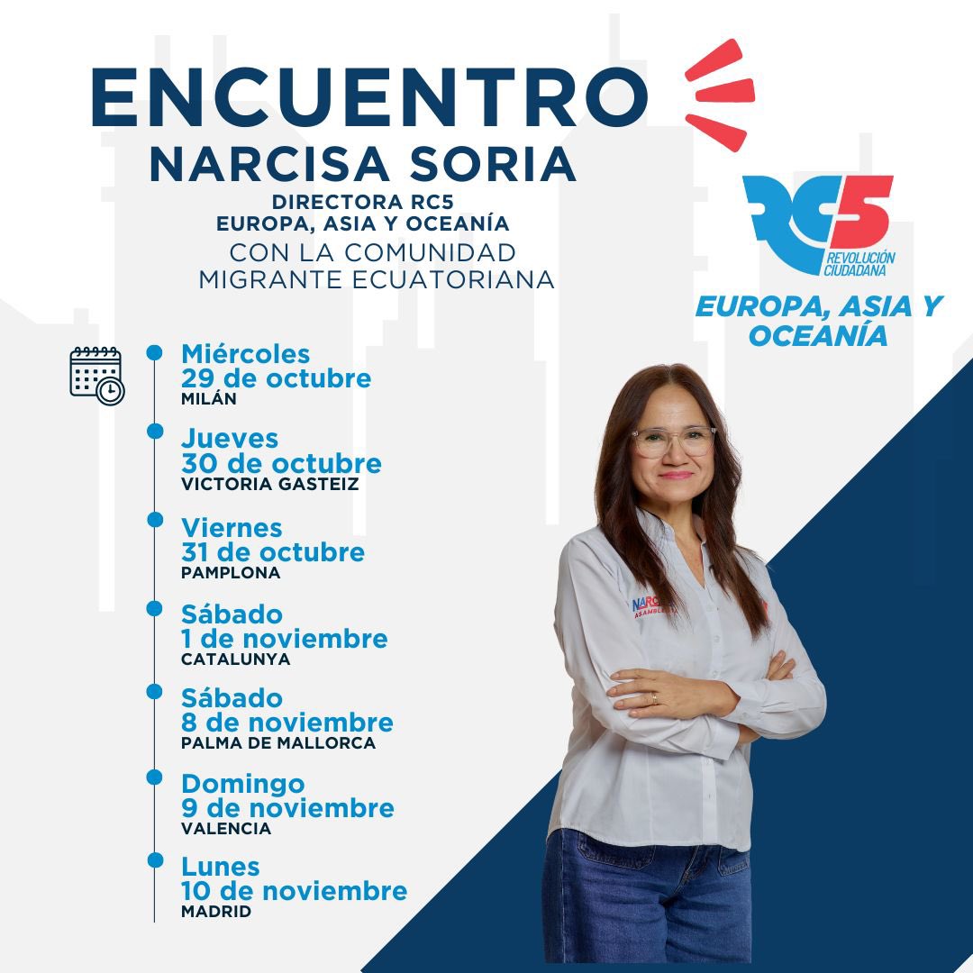 🔴🔴NARCISA EN TERRITORIO | Ecuentro con la comunidad migrante ecuatoriana 🇪🇨

Queridas y queridos compatriotas, estaremos visitando sus territorios y compartiendo reflexiones políticas, propuestas y actividades culturales.

📍Pronto les informaremos los lugares de encuentro.