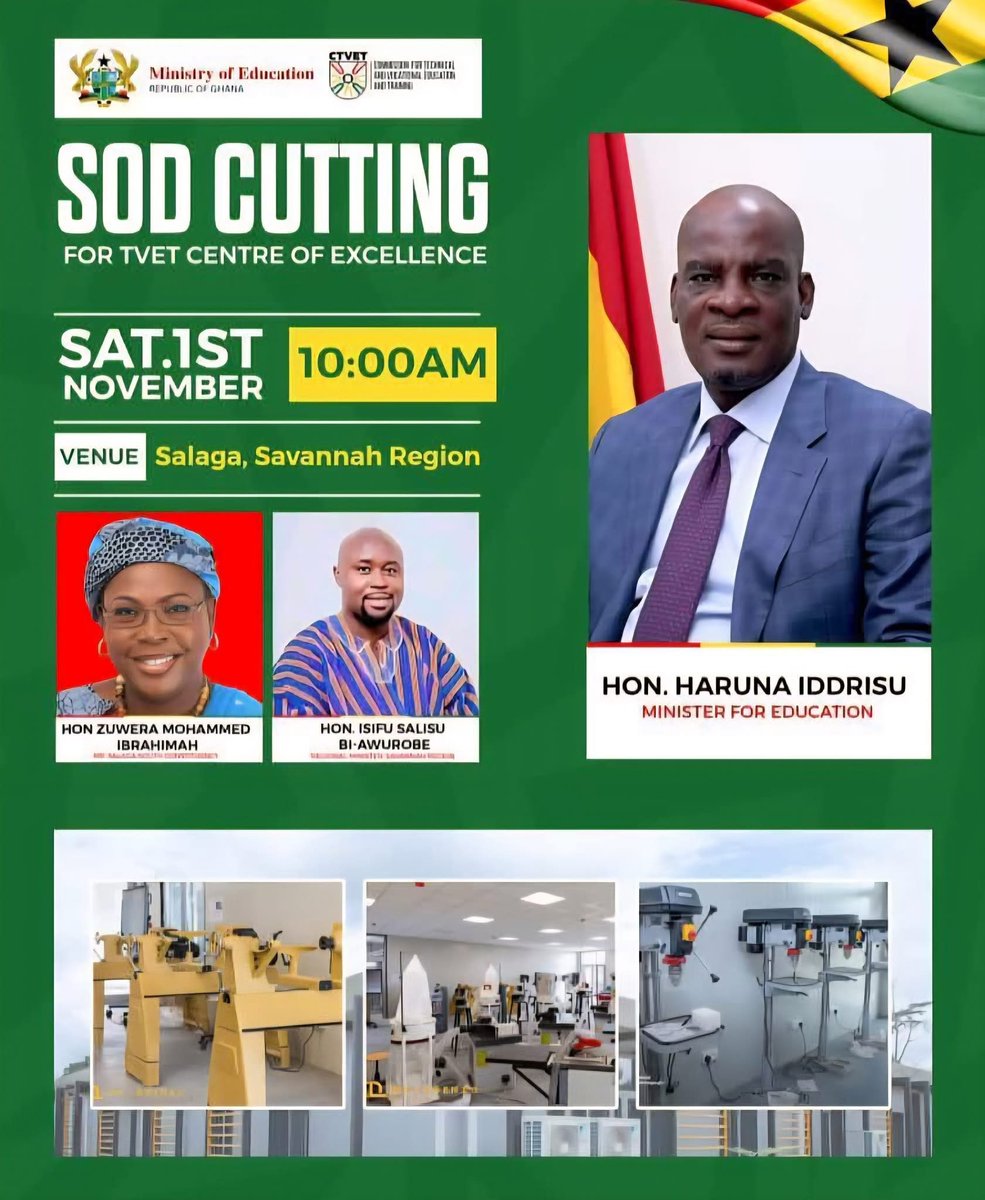 HarunaSpeaks1 (@harunaspeaks1) on Twitter photo Honourable Haruna Iddrisu to Inaugurate TVET Centre of Excellence in Salaga, Savana Region‼️
Education Minister, Honorable Haruna Iddrisu will officiate the sod-cutting ceremony for the new Centre of Excellence in Technical and Vocational Education and Training (TVET) on Honourable Haruna Iddrisu to Inaugurate TVET Centre of Excellence in Salaga, Savana Region‼️
Education Minister, Honorable Haruna Iddrisu will officiate the sod-cutting ceremony for the new Centre of Excellence in Technical and Vocational Education and Training (TVET) on