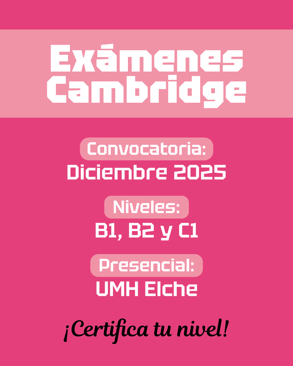 📢 ¡Últimos días para matricularte en los exámenes Cambridge! Toma nota de los detalles ⬇️

🔸Consigue tu título B1, B2 o C1
🔸Certificado con reconocimiento internacional
🔸Tú eliges: examen en modalidad presencial u online

📌 Más información en: idiomasumh.es/es/ingles/cert…