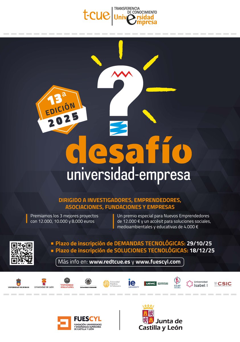 GITupsa's tweet image. 💡Convocatoria Desafío Universidad–Empresa 2025 (#TCUE)

🔍 Proyectos de I+D+i y consultoría entre empresas y universidades de #CastillayLeón.

👩‍🔬 Investigadores/as de la @upsa : ¡es vuestro momento!

📅 Plazo: hasta el 18/12/2025

🔗 tcue.usal.es/desafio-univer…
@Fuescyl