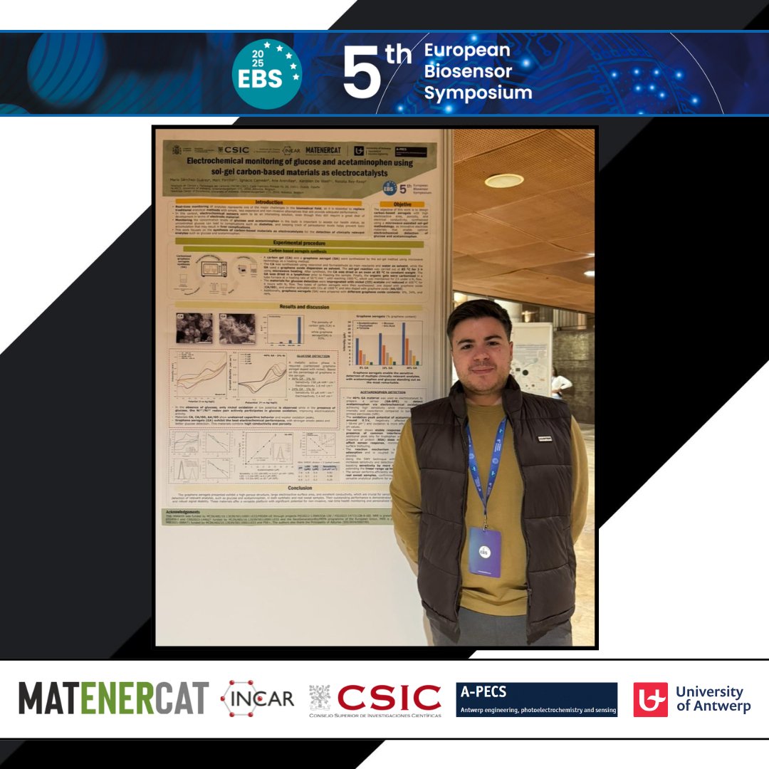 matenercat's tweet image. Our colleague Mario Sánchez is presenting in Tarragona the great versatility of carbon-based aerogels in the multiple detection of analytes such as glucose, acetaminophen and certain amino acids, within the framework of the 5th European Biosensor Symposium (EBS).
