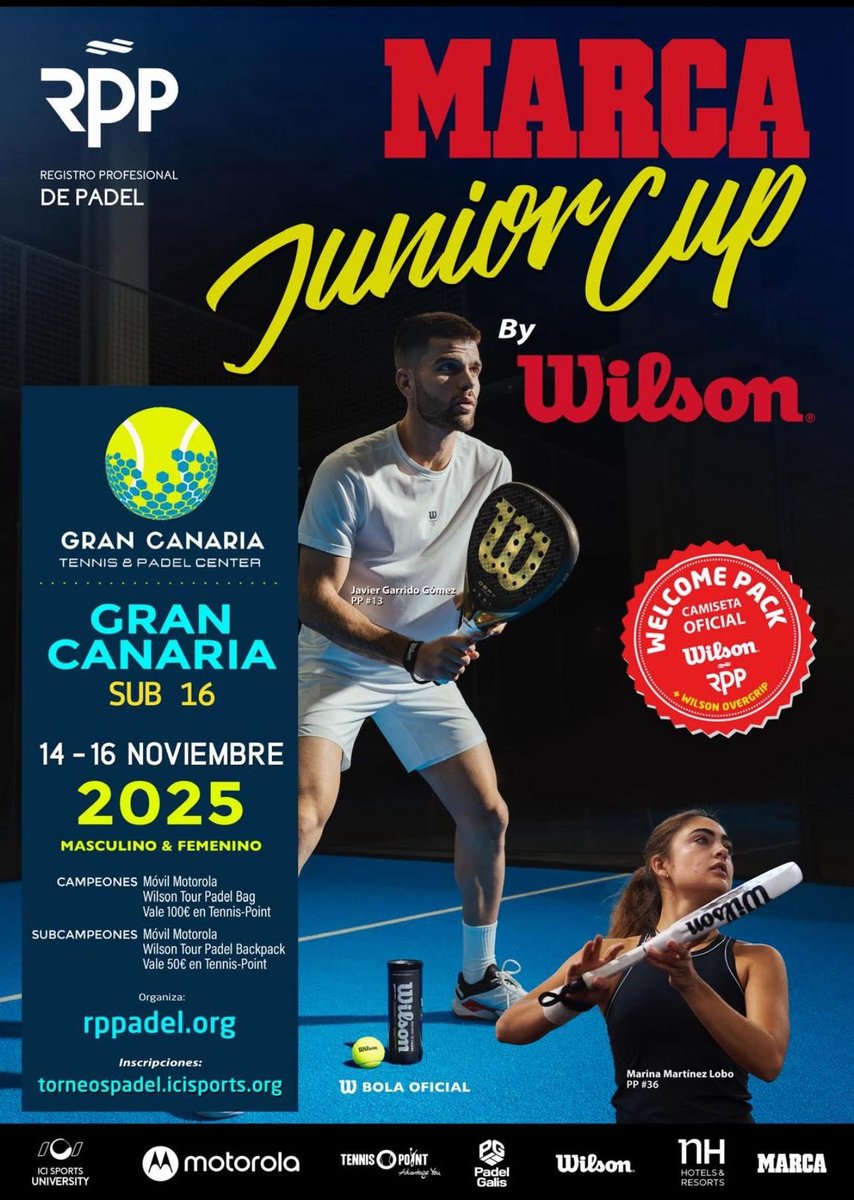 PADEL Sub16 ‼️GRAN CANARIA‼️Gran Canaria Tennis &amp; Padel Center los días 14/16 de NOVIEMBRE la séptima prueba del 3º Circuito Nacional <a href="/rppadel/">rppadel</a> <a href="/MarcaTMF/">MARCA Polideportivo</a> Junior Cup Sub16 by <a href="/WilsonPadelES/">Wilson Padel</a> 
Inscripciones en torneospadel.icisports.org
Te esperamos 🎾