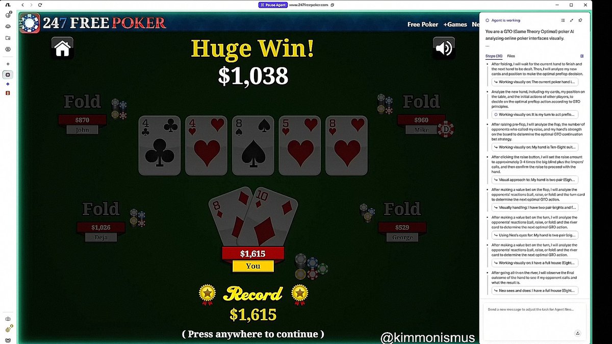 Ive been testing FlowithOS for a bit, but watching the Agent win me $1,038 playing poker still feels unreal lol