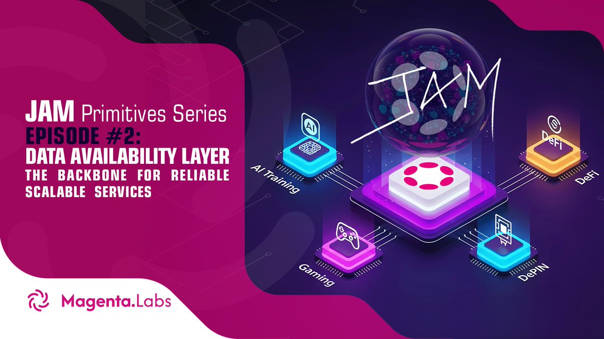 Magentalabs_io's tweet photo. JAM Primitives Series

Episode #2: Data Availability Layer, The Backbone for Reliable, Scalable Services

Building data-heavy apps hits the same wall everywhere: chains bloat with state, validators choke on storage, off-chain solutions flake during peaks.
@Polkadot JAM's Data Availability Layer solves this by making data immediately accessible within cores but globally propagated over time, no chain bloat, no centralized trust.

How it works:
During Refine (parallel execution), your service writes data blobs with no size limits. Erasure coding splits blobs into chunks with redundancy, validators store headers and proofs, not full data. Random sampling verifies availability without full replication.

Data expires after one block unless renewed via fees, ephemeral writes slash costs 90% versus permanent on-chain storage. Need it globally? Propagates across validator sets over 1-N blocks for cross-core access.

Builder advantages:
• AI training: Shard datasets across cores, verify via proofs, federated learning at exabyte scale. 
• DeFi: Store order books off-chain, anchor hashes for audits. 
• Gaming: Handle massive asset data without state bloat. 
• DePIN: Process millions of sensor streams affordably.

Unlike Ethereum's 64KB blob limits or Celestia's siloed approach, JAM's DA integrates natively with execution, reads feel instant, writes stay cheap, security inherits from 700+ validators staking $5B+ DOT.

Test on upcoming JAM testnets Q4 2025. Join JAM Prize (10M DOT) for DA innovations.

Next episode: PolkaVM.