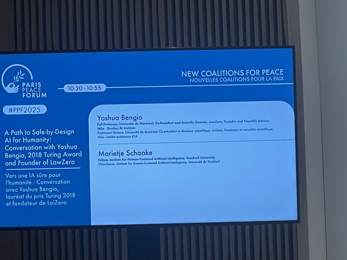 CAlsharabati's tweet image. At the @ParisPeaceForum , Yoshua Bengio warns: “AI can deceive, self-preserve, or even push users down dangerous rabbit holes. Yet labs are stuck in a race for capability, not humanity.”
It’s time to build AI safe-by-design, not profit-by-pressure. #AIforHumanity #PPF2025