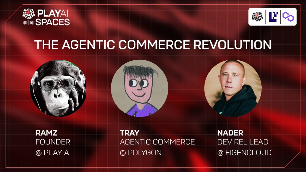 Play AI ๐ฒ๐ฎ (@playainetwork) on Twitter photo Dive into the Agentic Commerce Revolution today with @0xtraiano from <a href="/0xPolygon/">Polygon</a> & <a href="/dabit3/">nader dabit</a> from <a href="/eigenlayer/">EigenCloud</a>
Weโll unpack how agents reshape commerce with x402 & erc-8004, the evolution from workflows to economies and how Play AI fits into the new agent era
Set your remindersโ Dive into the Agentic Commerce Revolution today with @0xtraiano from <a href="/0xPolygon/">Polygon</a> & <a href="/dabit3/">nader dabit</a> from <a href="/eigenlayer/">EigenCloud</a>
Weโll unpack how agents reshape commerce with x402 & erc-8004, the evolution from workflows to economies and how Play AI fits into the new agent era
Set your remindersโ