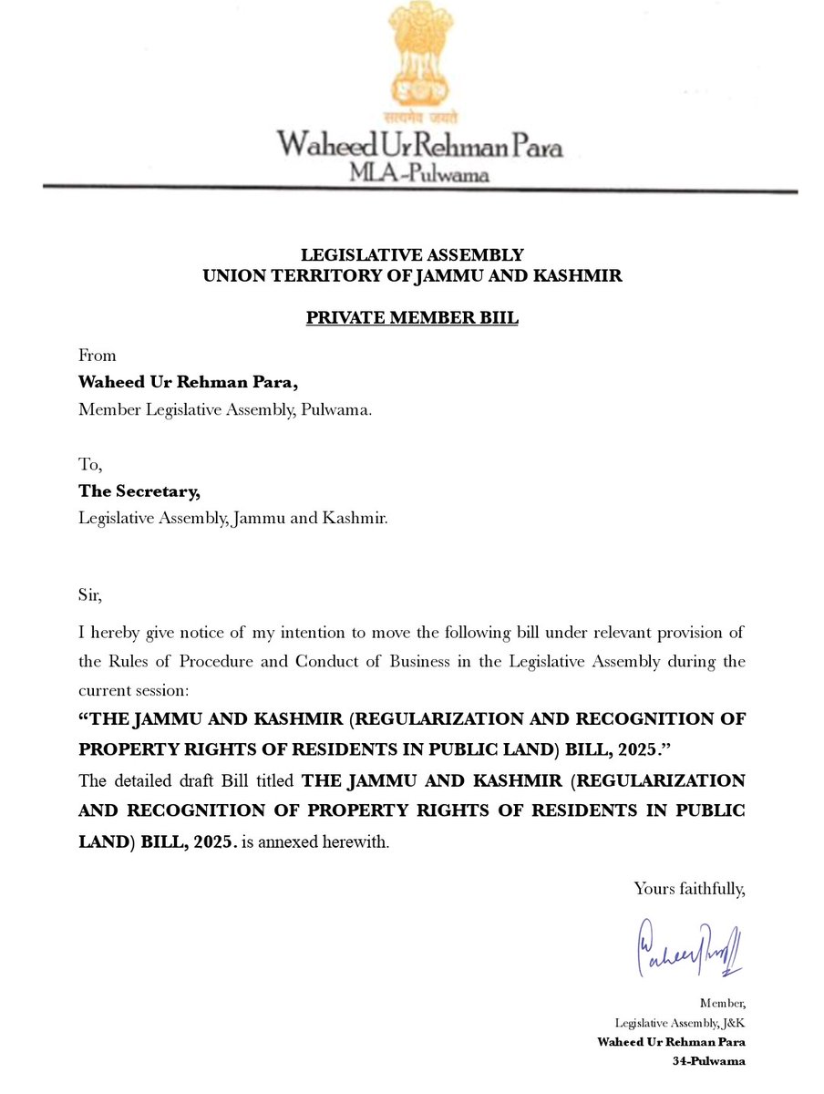Fact Check on CM <a href="/OmarAbdullah/">Omar Abdullah</a>'s claims that PDP's Land Regularisation Bill aimed at helping land mafia and outsiders. 

I managed to get my hands on a copy of the Bill, as introduced by MLA <a href="/parawahid/">Waheed Para</a>, and here's what I found in it 🧵👇🏻
