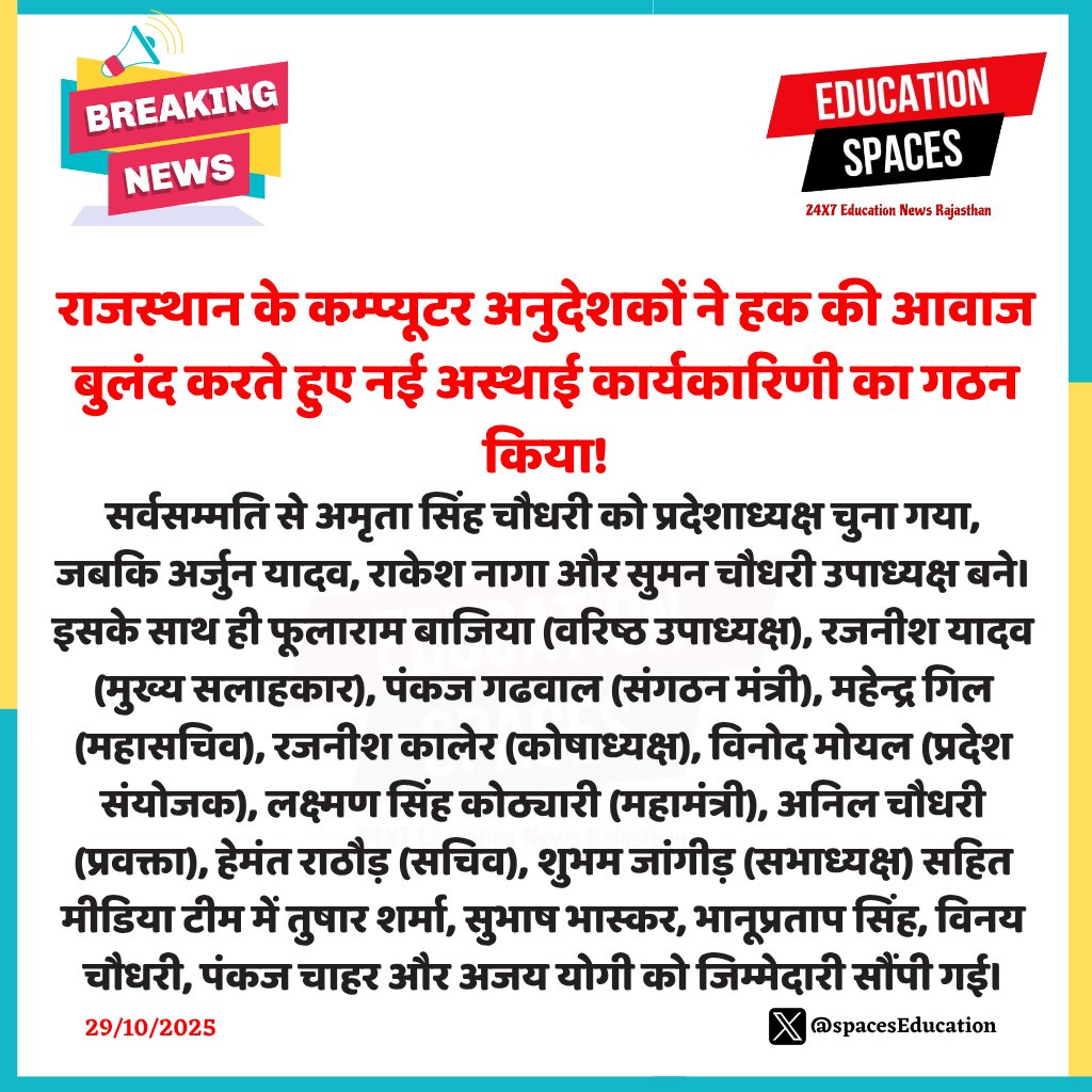 राजस्थान के कम्प्यूटर अनुदेशकों ने हक की आवाज बुलंद करते हुए नई अस्थाई कार्यकारिणी का गठन किया!
<a href="/BhajanlalBjp/">Bhajanlal Sharma</a> <a href="/madandilawar/">Madan Dilawar</a>