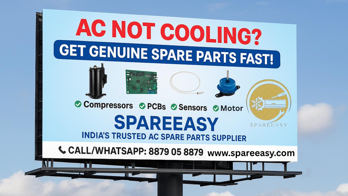 spareeasy's tweet photo. 😩 AC not cooling again?
Don’t panic — just #GoSpareEasy! ⚙️

Get 100% genuine AC spare parts delivered fast 🚚💨
✅ Compressors
✅ PCBs
✅ Sensors
✅ Motors

Because cooling problems deserve cool solutions! ❄️
📞 Call/WhatsApp: 8879 05 8879
🌐 Website: https://t.co/QVt0gI3Z04 https://t.co/ZL2EBlmGd3