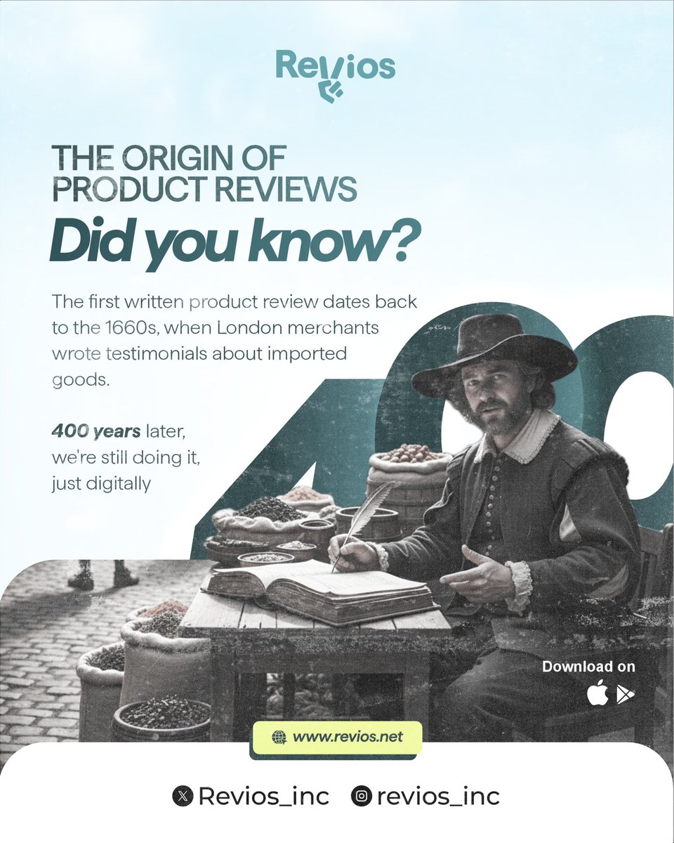 Revios_inc's tweet photo. DID YOU KNOW?
The first product review wasn’t written on the internet, it was handwritten with a quill by London traders in the 1660s.

400 years later, the goal hasn’t changed.
Same purpose. Different medium.
To help someone buy smarter.✨
Now, you can do it faster and truer on REVIOS, where your voice shapes smarter shopping.
Available on Google Play, App Store and https://t.co/635vcuTxvZ