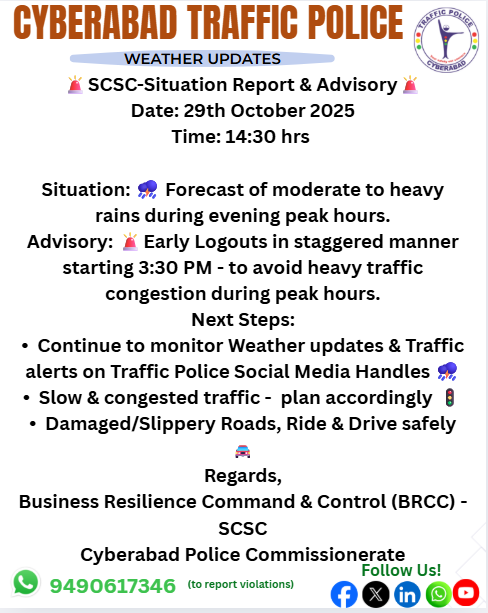 CYBTRAFFIC's tweet photo. #Drivesafe #followtrafficrules #cybtraffic #cyberabadweatherupdates https://t.co/Q7oAVIHbwv