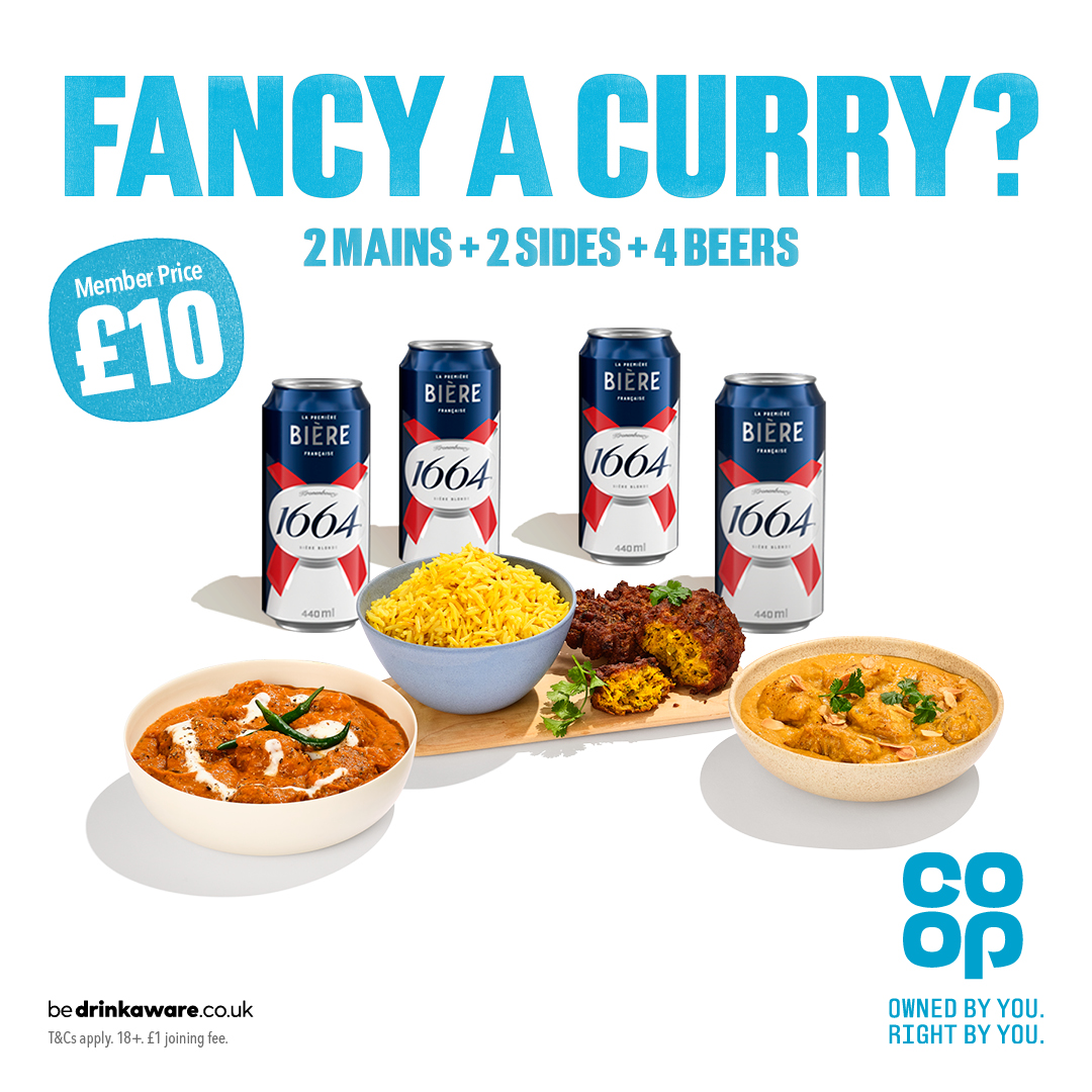 BeardedTrev's tweet photo. Fancy a curry? 🍛  Get 2 mains, 2 sides and drinks from local @coopuk for £10 for Co-op Members. Non-member price £12. https://t.co/JkPbRYESyr
