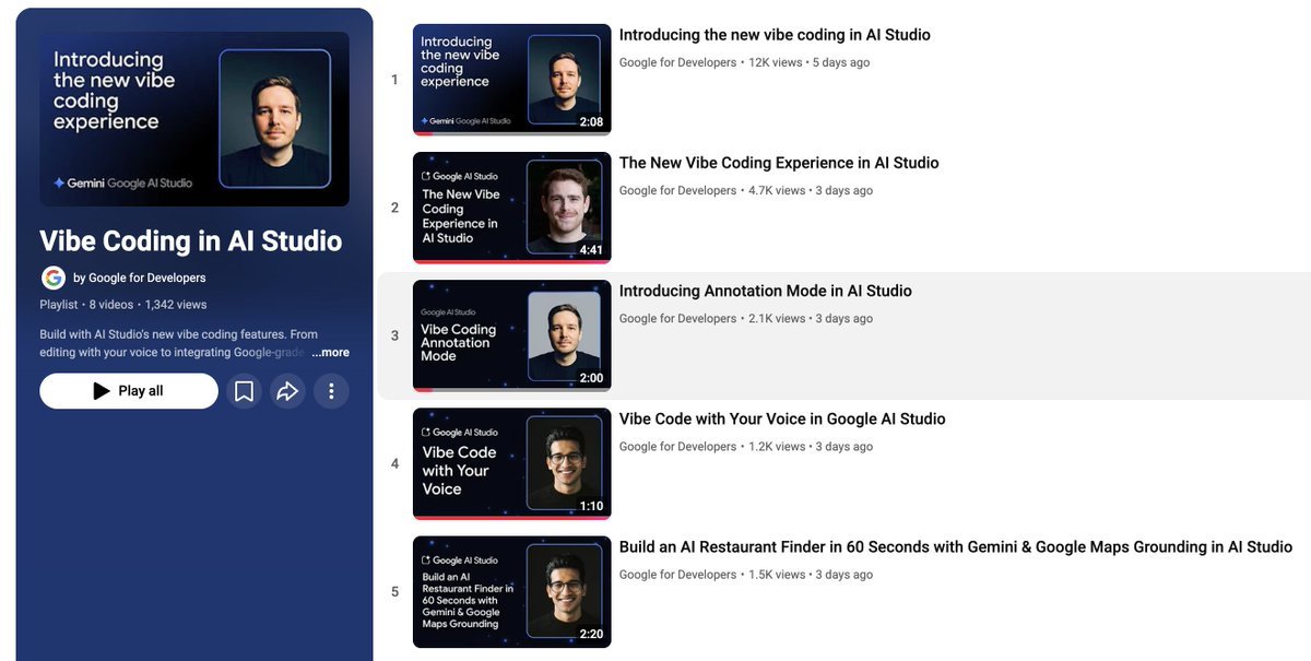 aaditsh's tweet image. Google just dropped a free course on vibe coding.
“By 2025, you’ll build games by describing them.”
If you want to learn how to build without writing code, save this playlist.