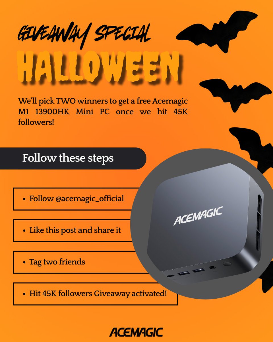 🎃 Halloween Giveaway! 👻

When our Instagram Page - Acemagic_official hits 45k followers, 2 lucky followers in the US, Canada &amp; Europe will win M1 13900HK Mini PCs (32GB+1TB), worth $500!

Head to IG, follow, like &amp; tag 2 friends to enter!
Instagram