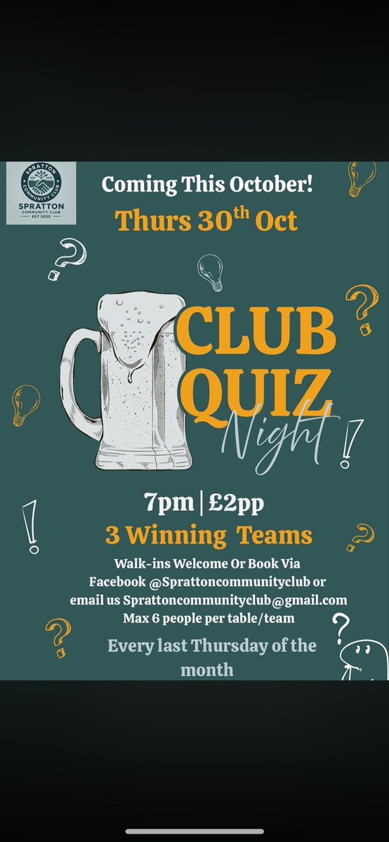 Don’t forget about the first quiz night tomorrow at Spratton Community Club

Come down and get involved, flex those brain cells and hopefully win some prizes!