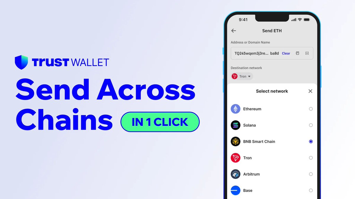 NEW: Send Across Chains 🔀 You can now send crypto to a different network  in one transaction! Trust Wallet will: 🔍 Auto-detect the right network  from the recipient address 🚀 Swap +