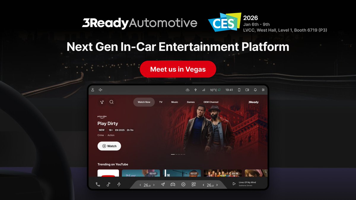 3ScreenSolution's tweet image. 🚗 At CES 2026, we’re showcasing how carmakers can own the in-car experience, not rent it out. With 3Ready Automotive, OEMs can deliver immersive, personalized entertainment that reflects their brand and unlocks new revenue opportunities. 

Book a demo: eu1.hubs.ly/H0pbGXg0