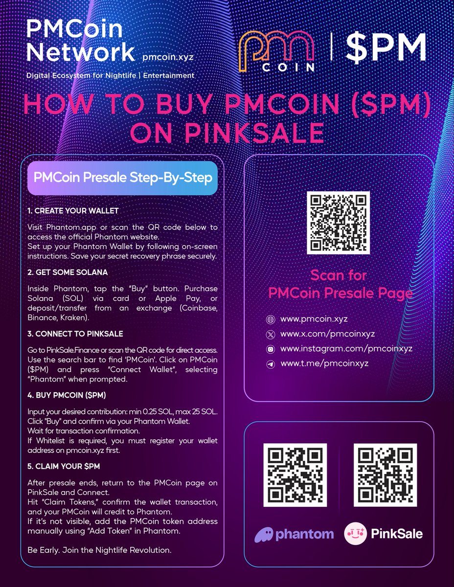 PMCoinXYZ's tweet photo. Join the Nightlife Revolution 🚀 

Secure your spot in the PMCoin ($PM) PinkSale presale and be an early adopter in this next potential 1000x token! 

Follow the step-by-step guide to buy  your $PM and get ready to light up the future! ⚡️ 

#PMCoin #Nightlife #PinkSale #1000x https://t.co/USRzuR1fEi