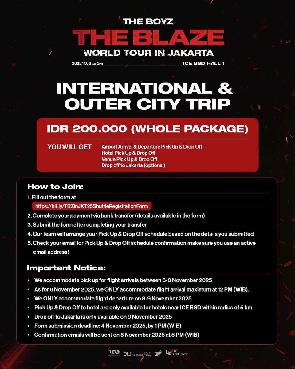 litxperience's tweet photo. THE B, we heard you! 💛

We’ve prepared something special in collaboration with @DayTransID — made for not only Jakarta THE B, but also our International and Outer City THE B! ✨

Enjoy a seamless and comfortable ride straight to ICE BSD Hall 1 with this exclusive program. 🚐💨

Let’s make your journey to THE BOYZ <THE BLAZE> in JAKARTA smooth and easy.
See you soon! 🔥

#THEBOYZ #더보이즈 #THEBLAZE #더블레이즈 #THEBLAZE_in_JAKARTA #YJPARTNERS #LITX #LITXPERIENCE #SelfieTimeID