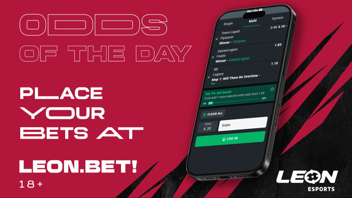 Let's check out today's daily combo for #PGLMasters Bucharest! 🔥

1️⃣ Liquid 🆚 <a href="/FlyQuestCS/">FlyQuest CS</a>  - Winner Flyquest
2️⃣ B8 🆚 Legacy - Map 1 Overtime - No
3️⃣ <a href="/GamerLegion/">GamerLegion</a> 🆚 Fnatic - Winner GamerLegion

🔗 Odds (+18): leonesports.gg/xkx