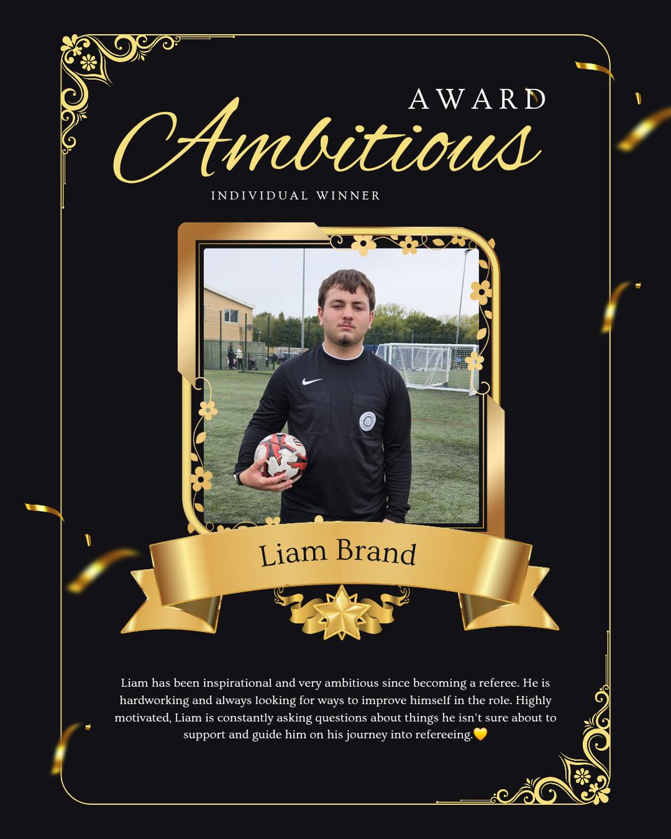 We’re delighted to celebrate Liam, the winner of our Ambitious Award! 🙌

Since becoming a referee, Liam has shown incredible dedication, drive, and ambition. He’s always working hard to improve, asking thoughtful questions, and seeking guidance to be the best he can be.👏