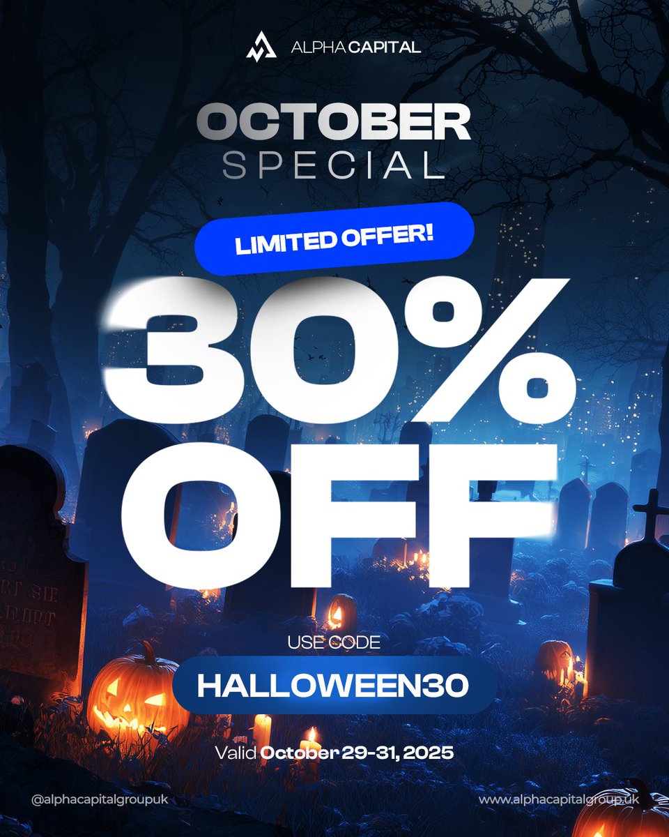 AlphaCapitalUK's tweet image. October Special 🎃
Get 30% OFF this Halloween when you use code HALLOWEEN30 at checkout.
Valid October 29–31 only.