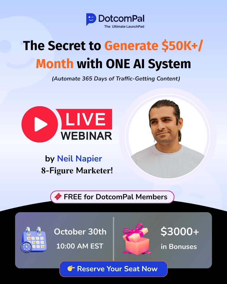 DotcomPal's tweet image. 🚨 $50K+/Mo Secret with AI Content Automation!

2,000+ agencies scale to 100+ clients. 365 days traffic content—no writers!🤑

LIVE by Neil Napier (8-fig marketer). FREE for DotcomPal!🎁
👇Register Now - attendee.gotowebinar.com/register/20805…
#RMxAPEC #DWTS #AIAutomation #AgencyGrowth