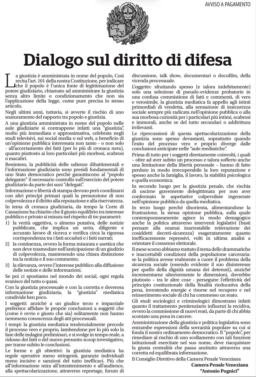 CameraPenaleVe's tweet photo. Alleghiamo l'articolo in tema di giustizia mediatica pubblicato su "La Nuova Venezia" dello scorso 25 ottobre nell'ambito della rubrica mensile "Dialogo sul diritto di difesa". https://t.co/98iaE4UuVK