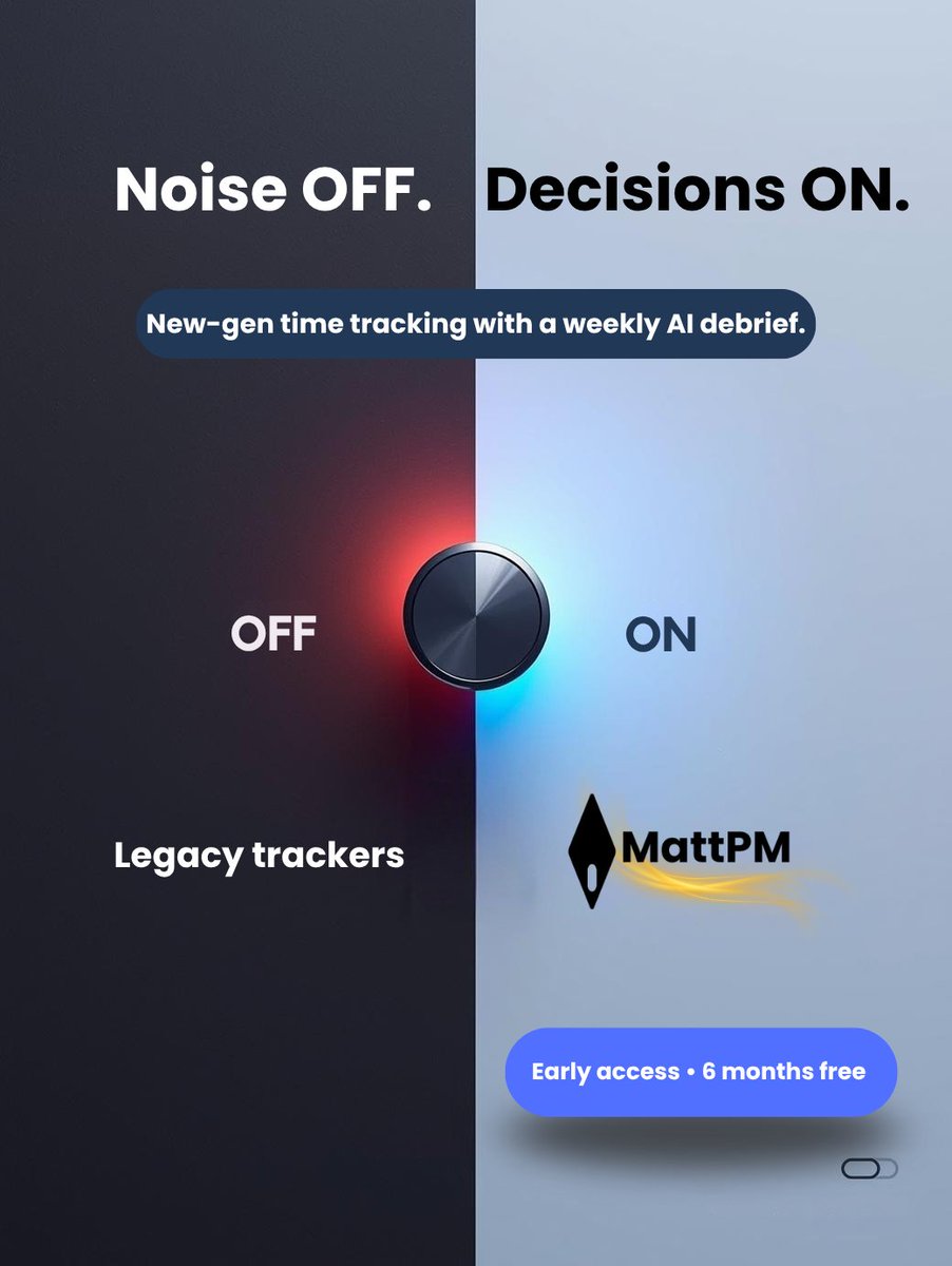aiMattPM's tweet image. Noise OFF. Decisions ON.
New-gen time tracking: 2-click capture + weekly AI debrief.
Considering Time Doctor / Clockify / Toggl / Harvest? Choose the one that ends in an answer.
Early access → link in bio
#timetracking #SaaS #productivity