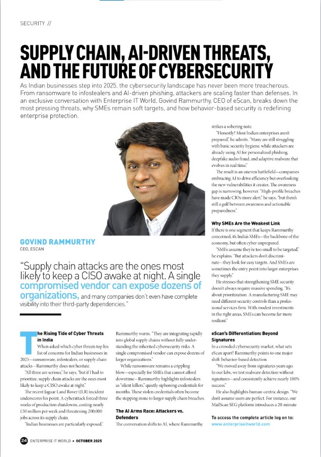 escan_tweet's tweet image. 🅟🅡 🅒🅞🅥🅔🅡🅐🅖🅔 Enterprise IT World Magazine – October 2025 Edition is Out Now!

#eScan #EnterpriseITWorld #Cybersecurity #AITech #SupplyChainSecurity #ThreatIntelligence #FutureOfCybersecurity #DigitalDefense #CyberResilience