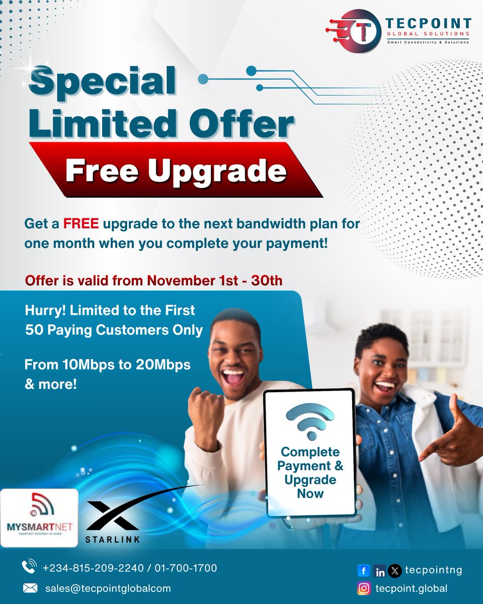 tecpoint_ng's tweet image. As part of our Special Appreciation Campaign, the first 50 customers who complete their payment will enjoy a FREE upgrade to the next bandwidth plan for one month! 🎉
That means if you’re on 10Mbps, you’ll surf at 20Mbps — absolutely FREE!
#MySmartNet #InternetUpgrade