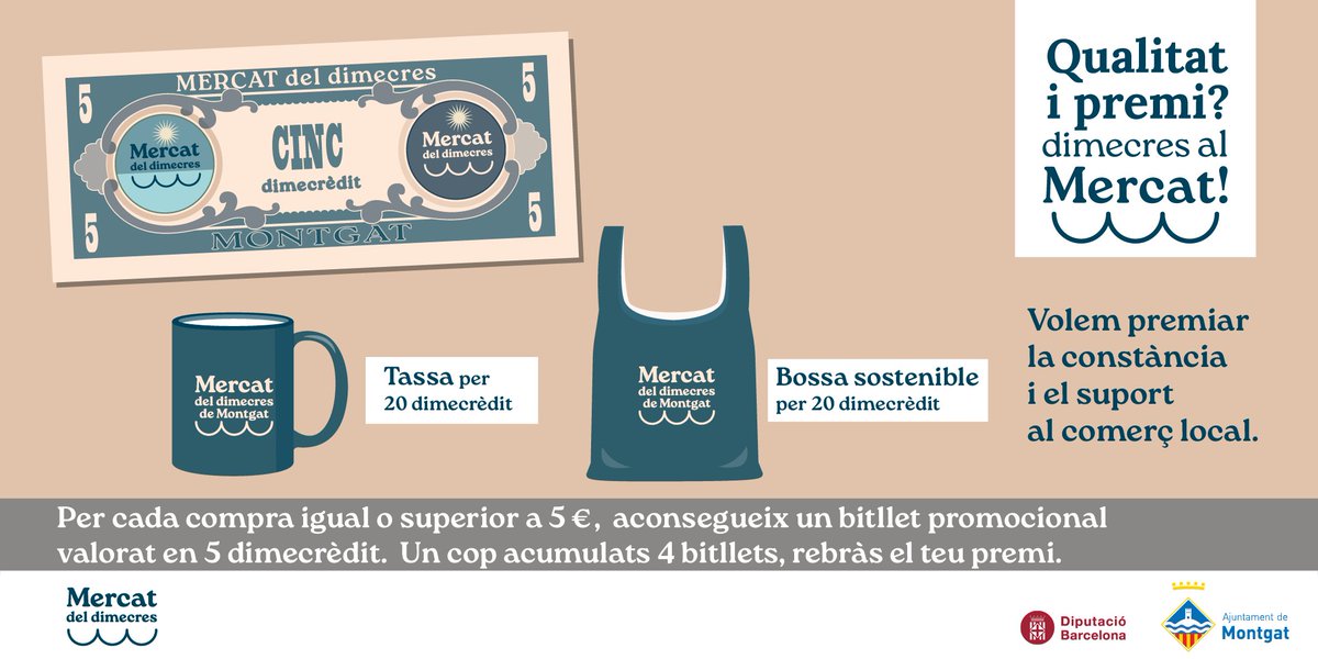 Montgat's tweet image. 🛍️ Nova campanya al #Mercat de dimecres de #Montgat!
Per cada compra ≥ 5 €, aconsegueix 1 bitllet promocional de 5 dimecrèdit.
🎁 Amb 4 bitllets... premi assegurat!
Ara comprar al Mercat surt més a compte! 😉
#ComerçLocal #Montgat
montgat.cat/actualitat/not…