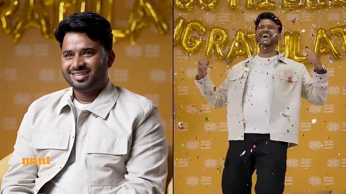 Split image shows a young man with short black hair smiling while seated wearing a light-colored shirt against a plain background on the left side and the same man on the right side standing excitedly with arms raised wearing a white jacket against a yellow background decorated with gold balloons and confetti.