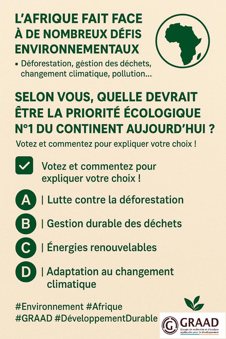 🌿 L’Afrique fait face à de nombreux défis environnementaux : déforestation, gestion des déchets, changement climatique, pollution…

Selon vous, quelle devrait être la priorité écologique n°1 du continent aujourd’hui ?
#Environnement #Afrique #DéveloppementDurable 
<a href="/SE_LGD/">L.Damien</a>
