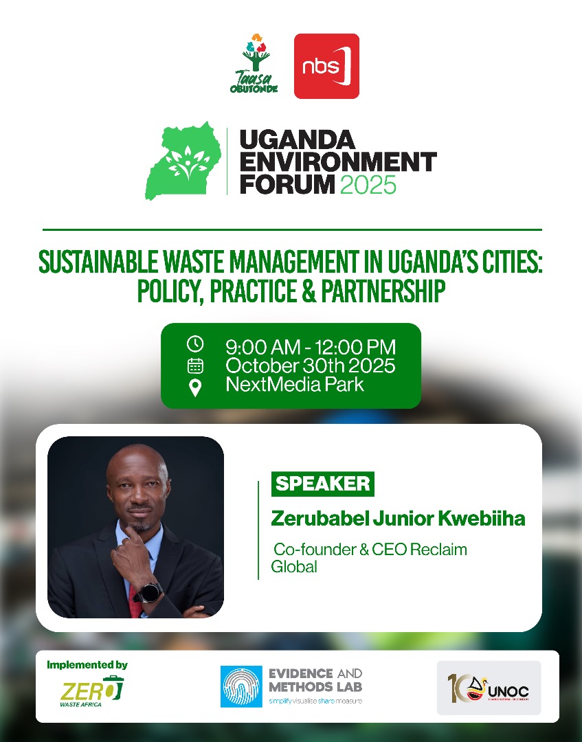 This Thursday, Zerubabel Junior Kwebiiha of Reclaim Global joins ‘Taasa Obutonde’ on <a href="/nbstv/">NBS Television</a> to unpack how innovation and community action can redefine waste management in Uganda.

On 30th October 2025, at 9 AM–12 PM at Next Media Park
#TaasaObutonde 
#UgandaEnvironmentForum2025