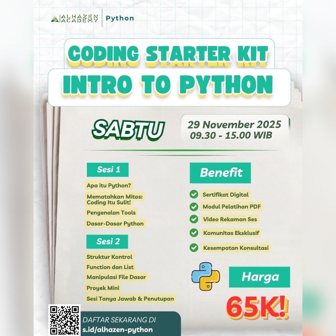 choiiseo's tweet image. coding starter kit : intro to python hadir lagi🤩 regist here s.id/alhazen-python & use referral code NOE2025 biar dapet potongan 10k🤩 gaskeunnn
#belajarcoding #learncoding #coding #bootcamp
