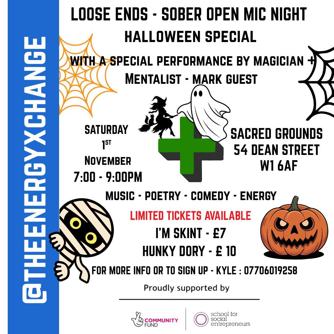 PerfRecovery's tweet image. THIS SATURDAY DO NOT MISS

LOOSE ENDS  • Sober Open Mic 🎤✨

Sat 1st Nov  
Doors 6:30pm ⏰  
Show: 7:00–9:00pm 🕘

Poetry 📝 • Music 🎶 • Spoken Word 🗣️ • Comedy 😂 • Mentalism 🧠

Sacred Grounds Coffee Shop☕️  
📍 54 Dean St, Soho, W1 6AF

Tickets
tickettailor.com/events/theener…