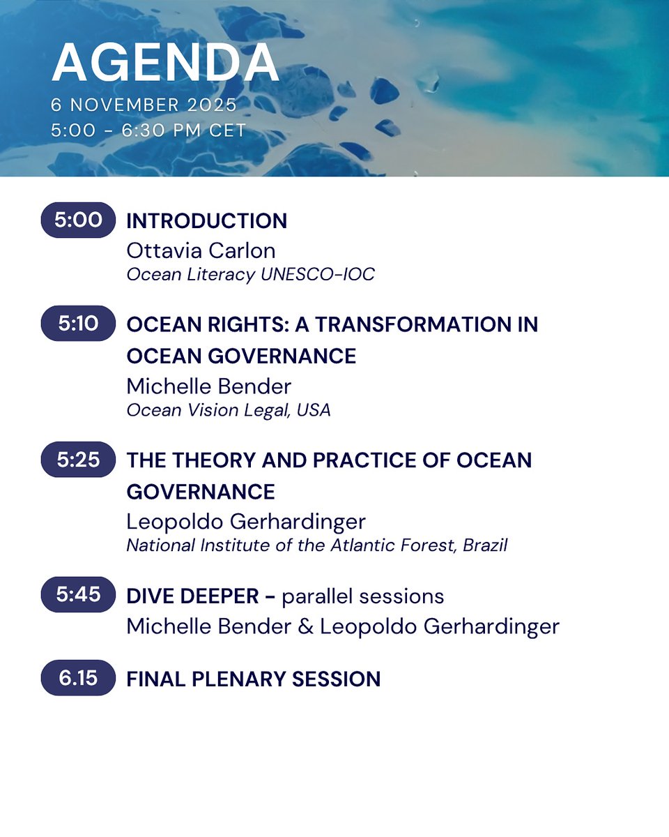 🪼Rethinking Ocean Governance: Are Rights of Nature the Future of Marine Protection? ⚖️
🗓️ Date: 6 November 2025 
⏰ Time: 5 pm CET (1.5 hours) 📍 
Series: Connecting People and Ocean - Episode 3: The Law of the Sea and Ocean Governance🐟 

👉tinyurl.com/y8925c6e